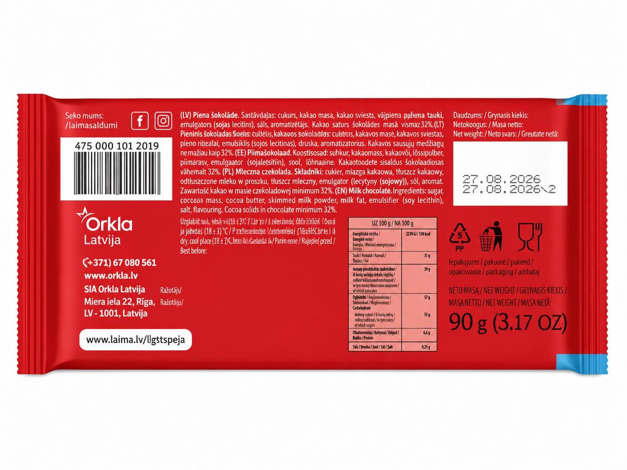 Laima Ekstra Milk Chocolate Bar 90g back full nutritional information