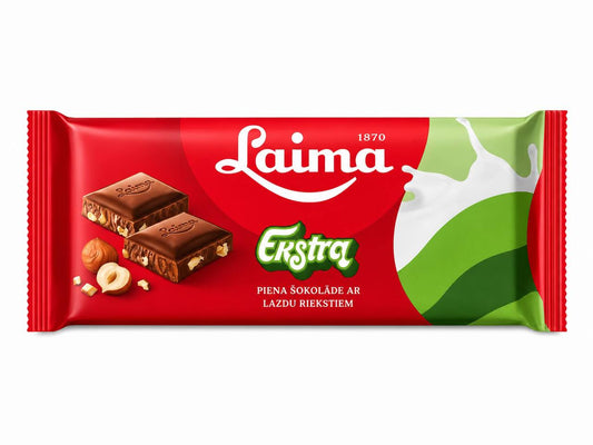 Laima Ekstra Milk Chocolate with Hazelnuts Bar 90g front pack on white background