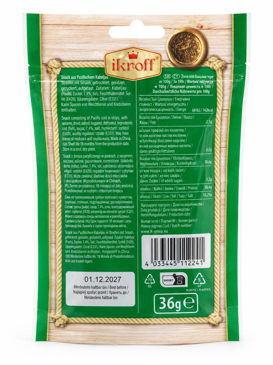 Ikroff Treska Pacific cod with sesame 36g back pack nutrition and ingredients
