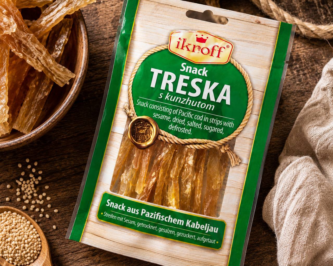 Ikroff Treska dried Pacific cod strips with sesame lifestyle shot