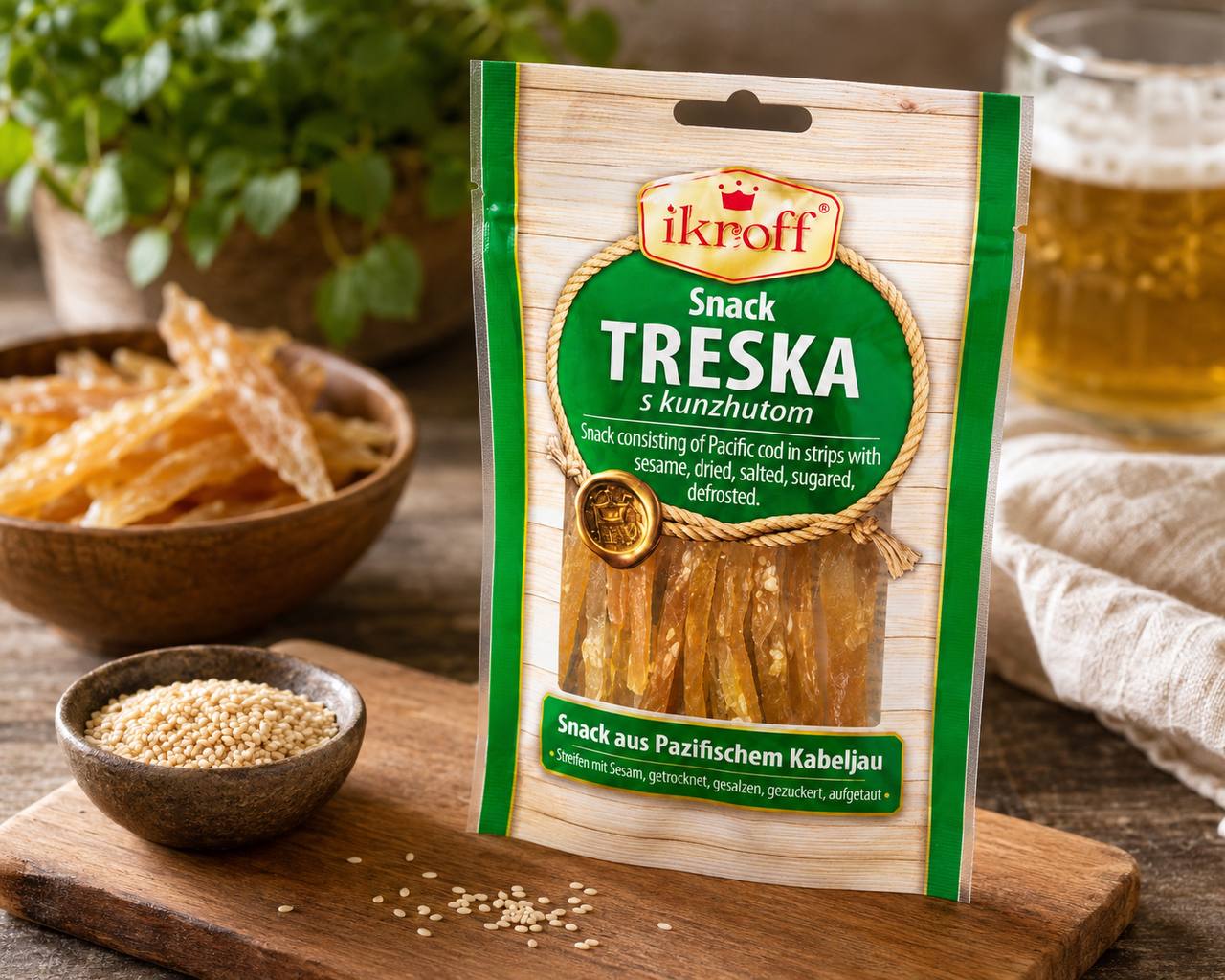Ikroff Treska dried fish snack with sesame serving suggestion