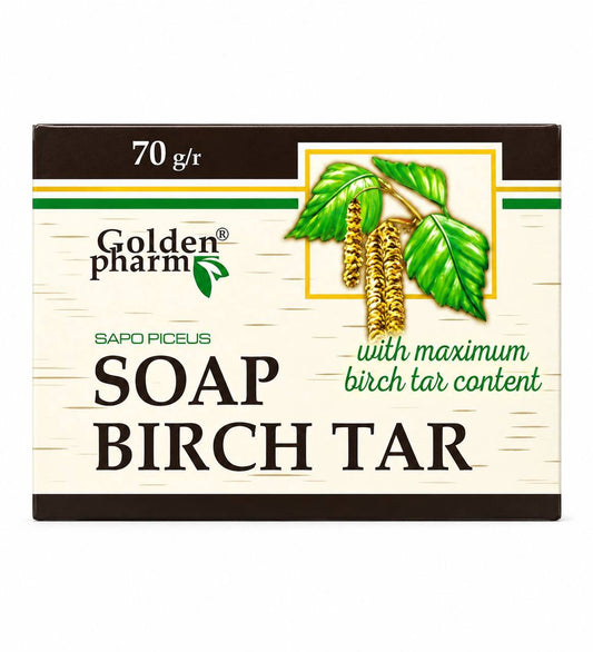 Golden Pharm Birch Tar Soap 70g front box on white background