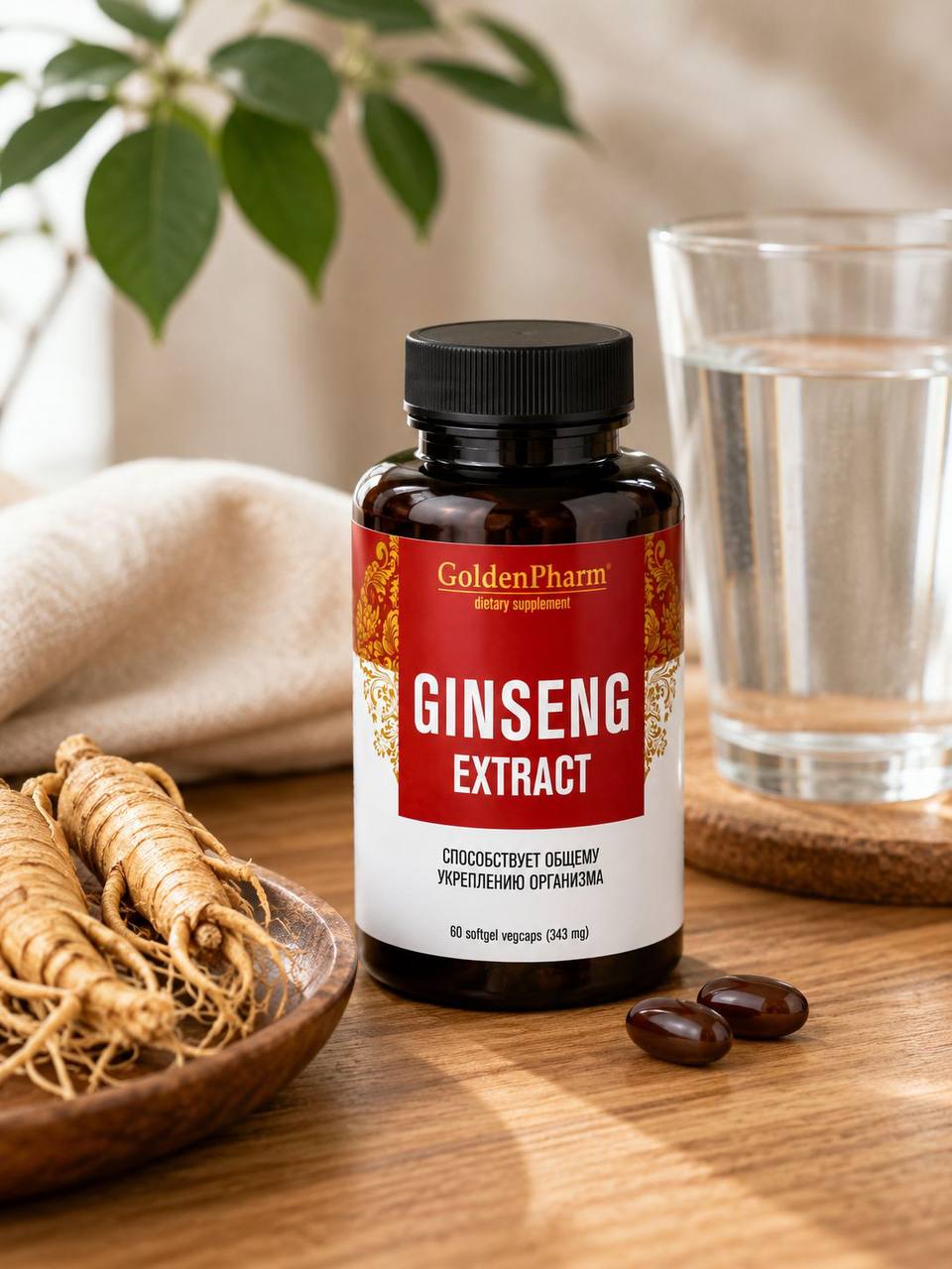 GoldenPharm Ginseng Extract lifestyle image with ginseng root, water and capsules