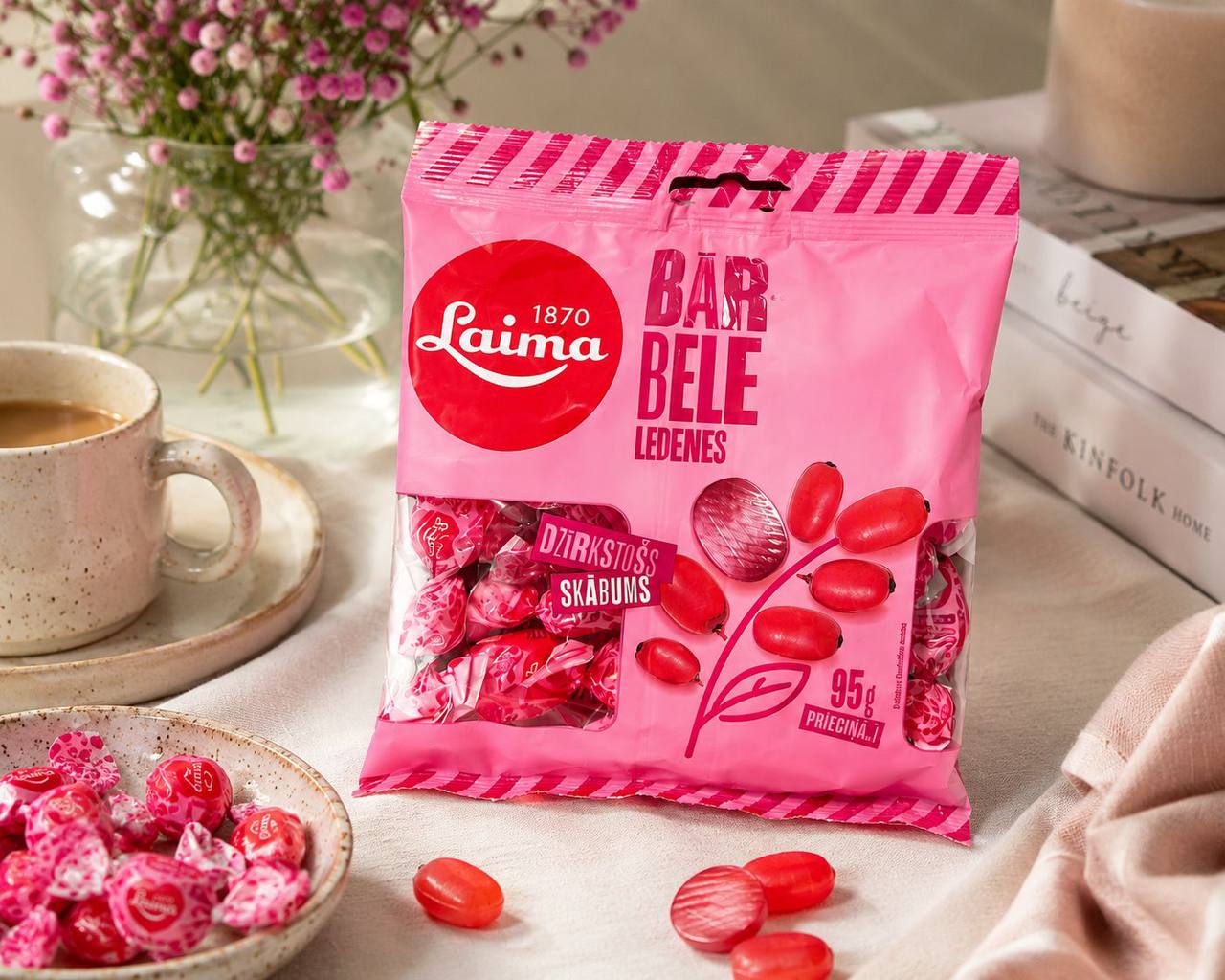 Laima Bārbele fizzy sour hard candies lifestyle serving with coffee