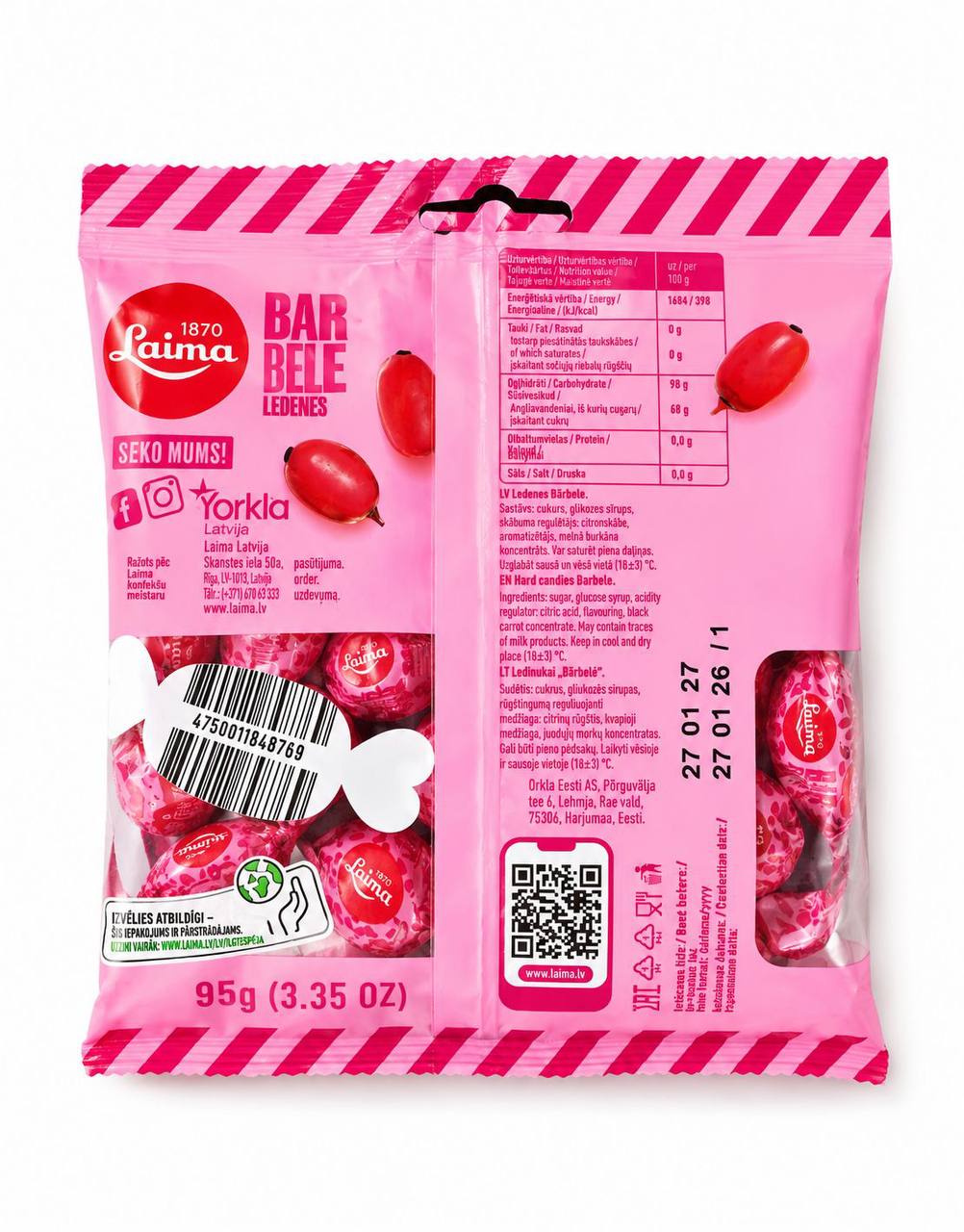 Laima Bārbele Ledenes back of bag with nutrition and ingredients