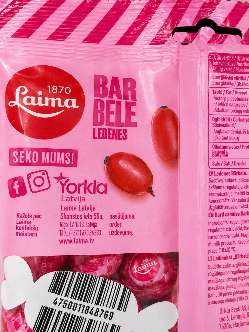 Laima Bārbele Ledenes barcode and manufacturer details close-up