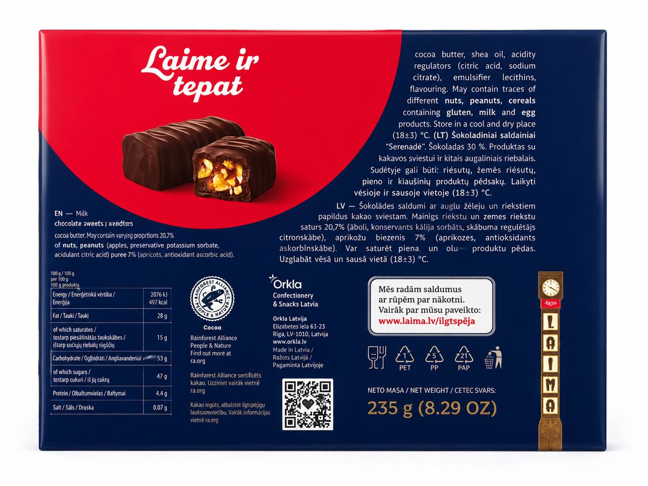 Laima Serenāde 235g back of box ingredients and nutrition