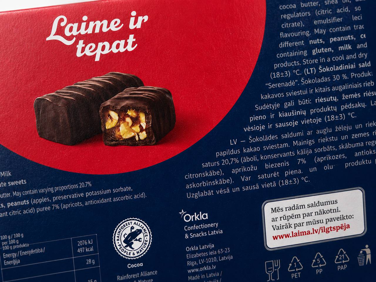 Laima Serenāde chocolate sweets close-up with fruit jelly and nuts