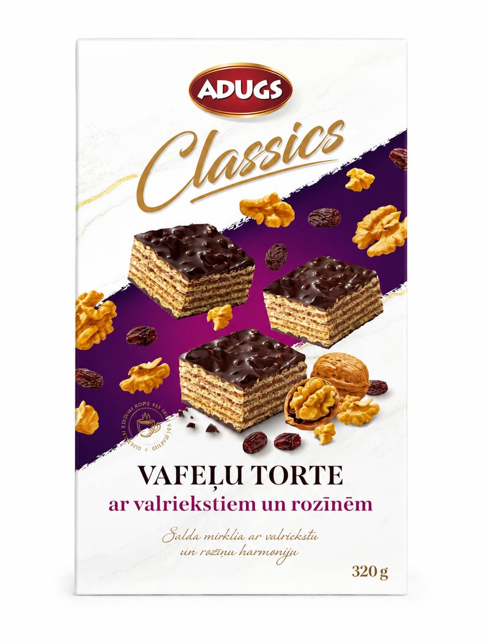 Adugs Classics Wafer Cake with walnuts and raisins coated in chocolate glaze, packaged in a box