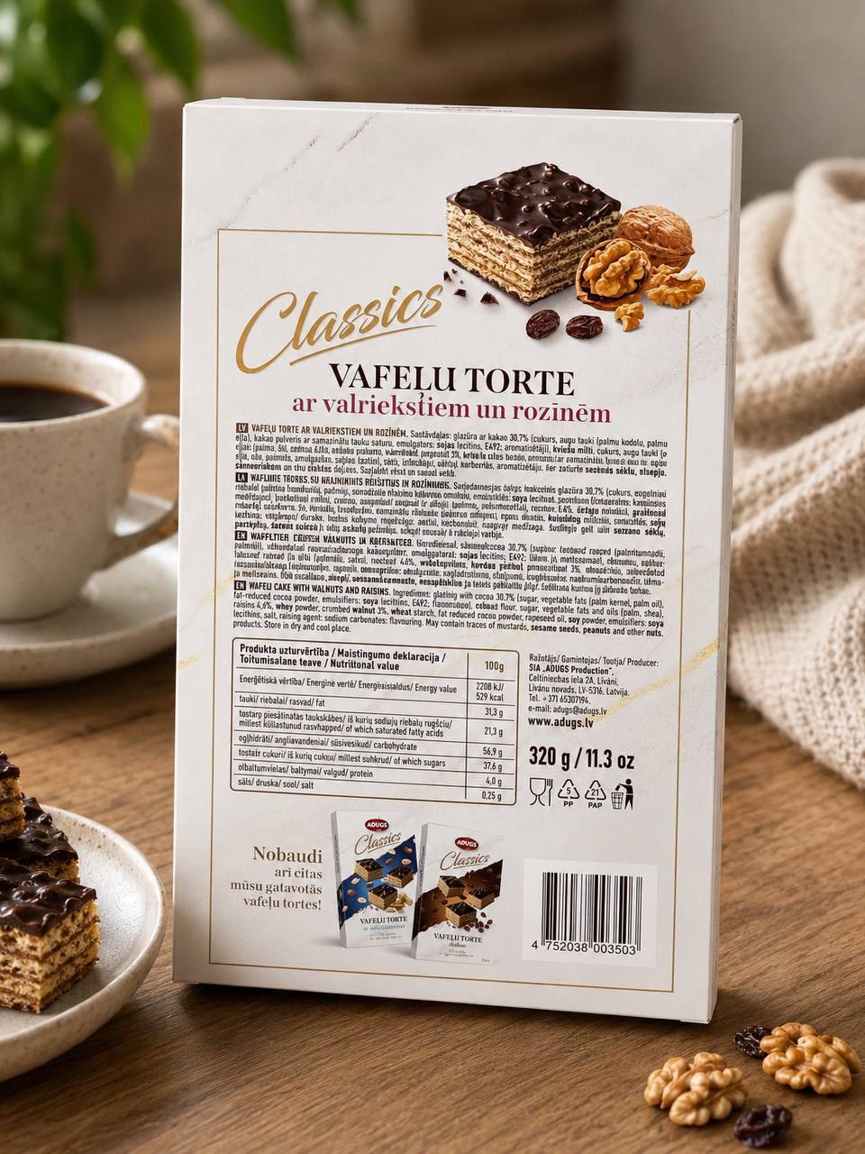 Adugs Classics Wafer Cake with walnuts and raisins coated in chocolate glaze, packaged in a box