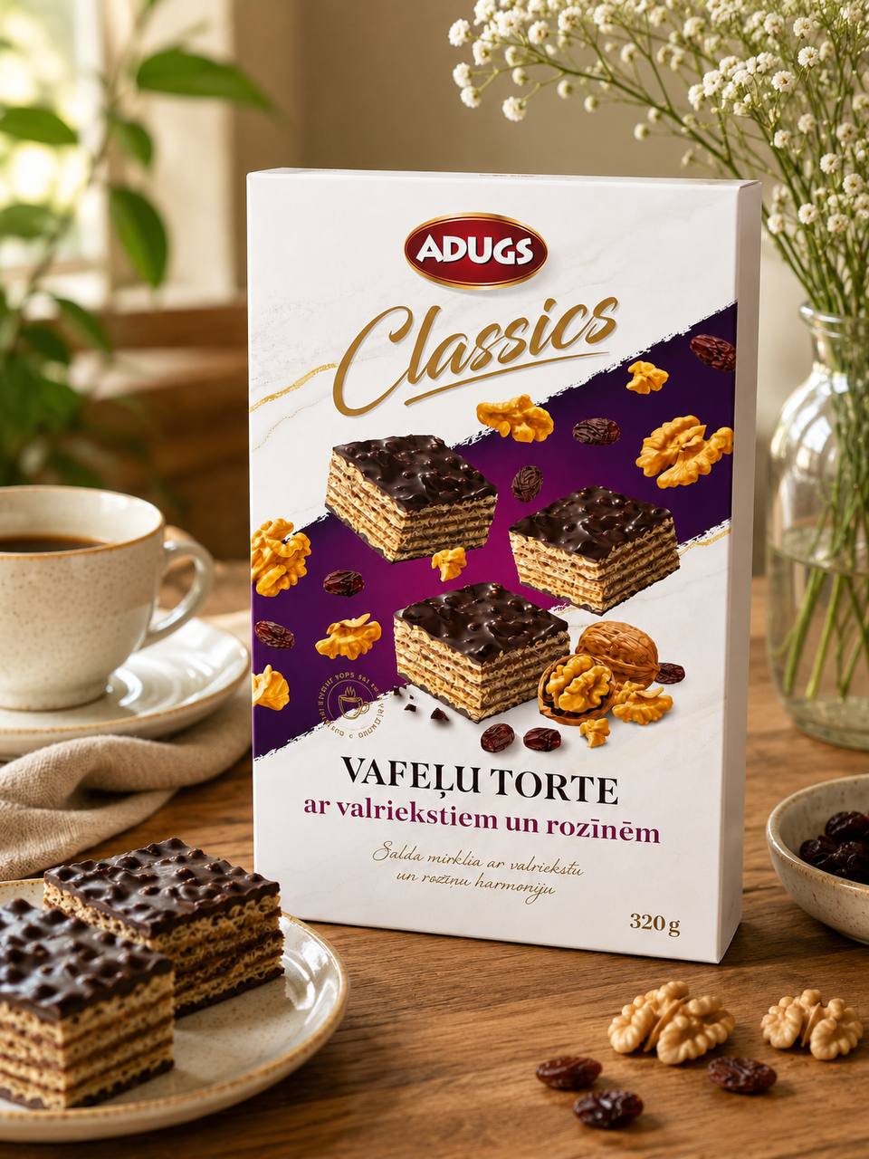 Adugs Classics Wafer Cake with walnuts and raisins coated in chocolate glaze, packaged in a box