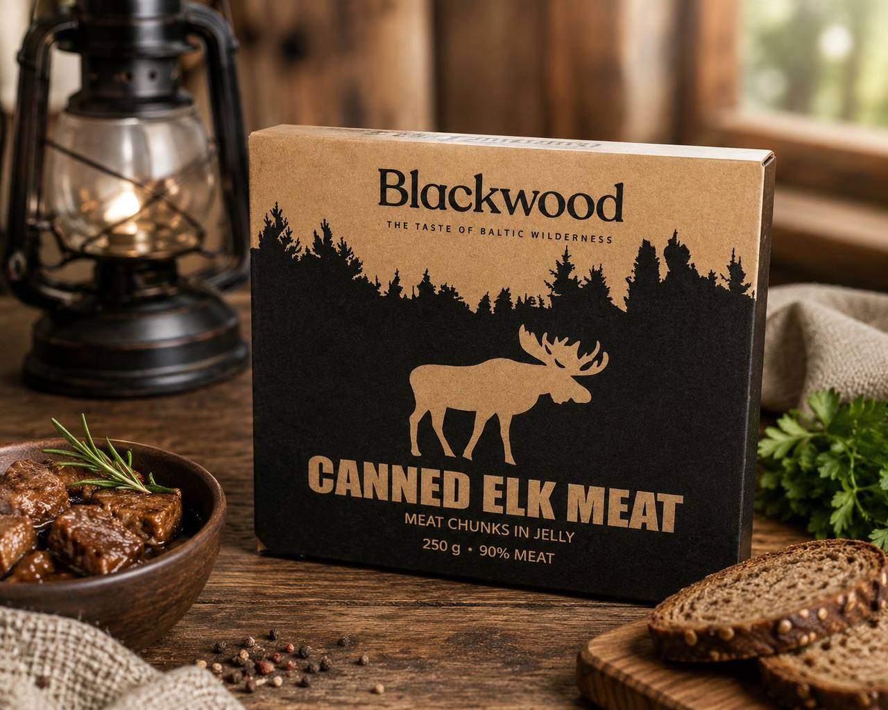 Blackwood Canned Elk Meat 250g lifestyle serving suggestion with rustic setting, bread and herbs