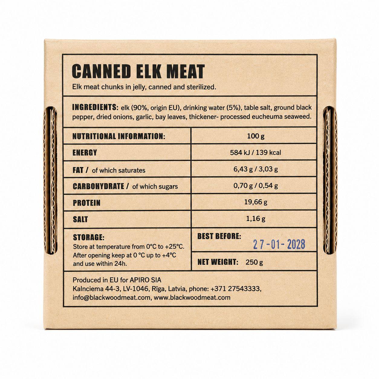 Blackwood Canned Elk Meat 250g back of box with ingredients and nutrition information