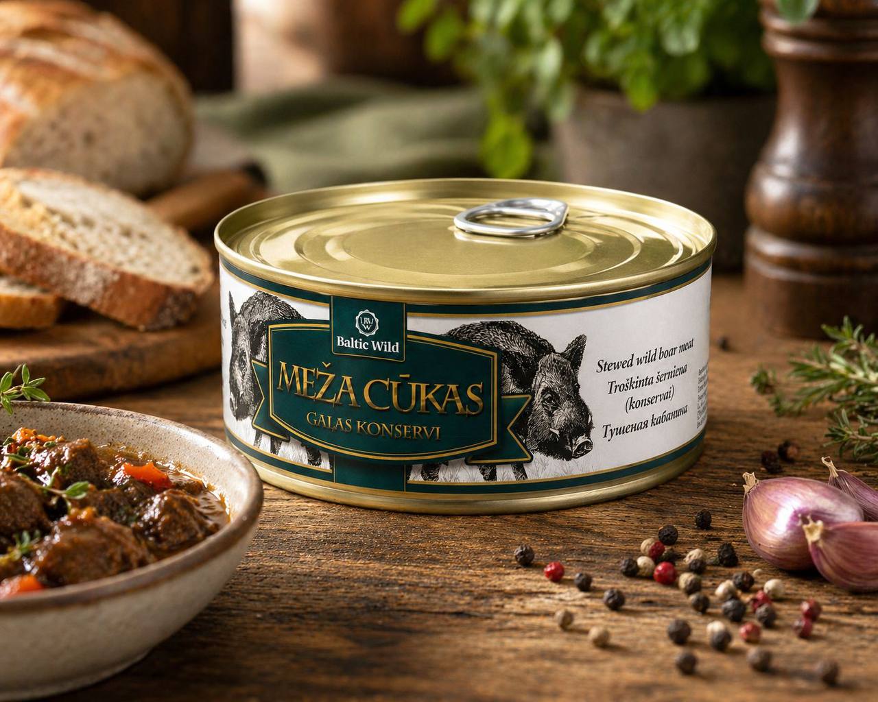 Baltic Wild stewed wild boar meat lifestyle serving with bread and herbs