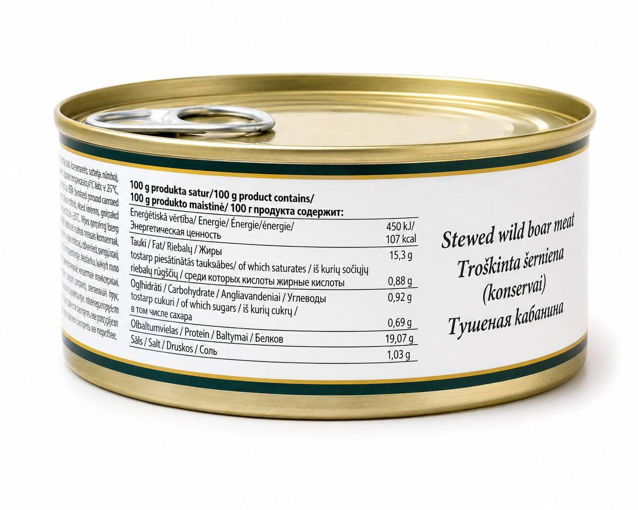 Baltic Wild stewed wild boar meat side label with nutrition information
