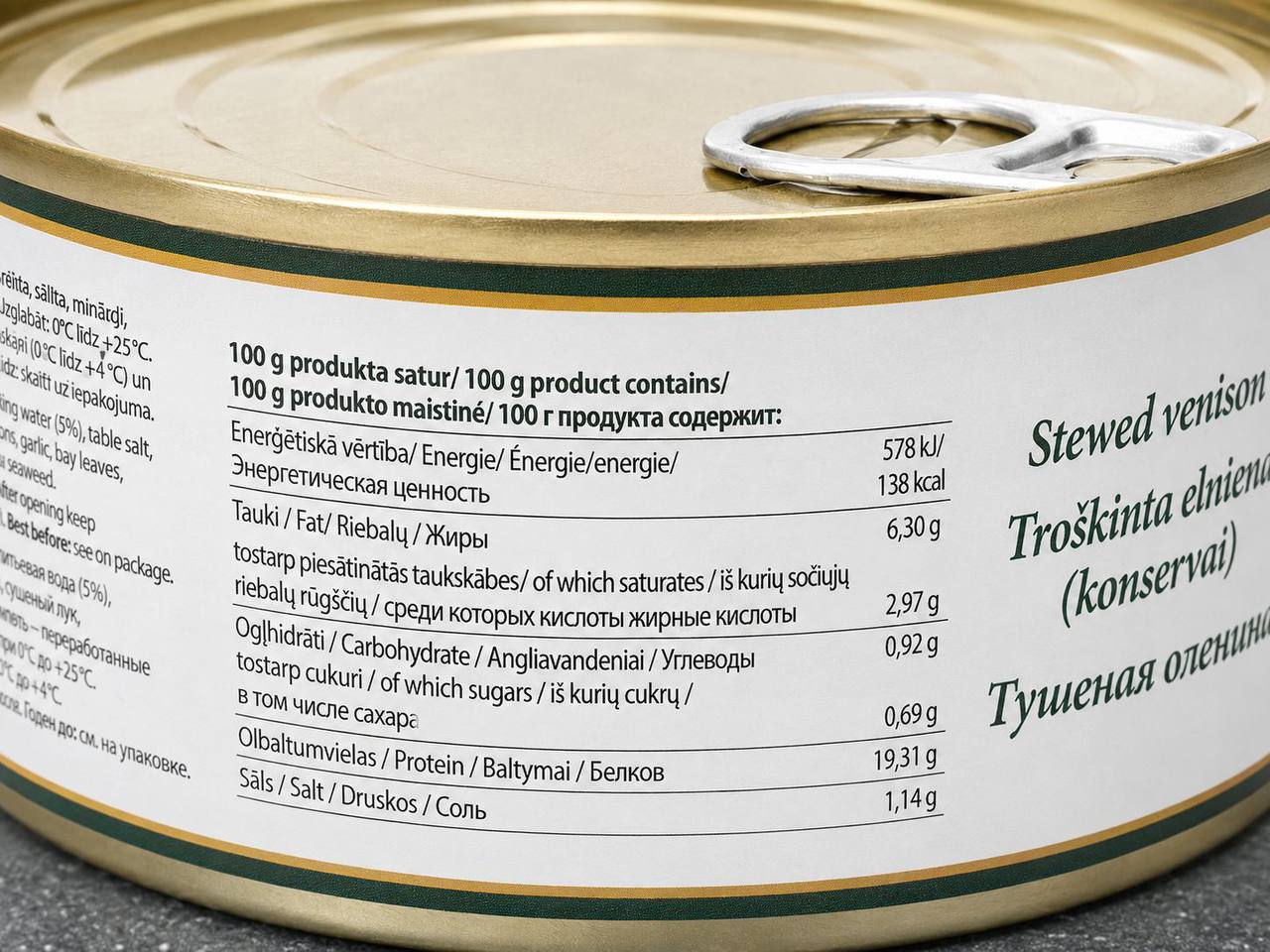 Baltic Wild Stewed Venison nutrition label close up
