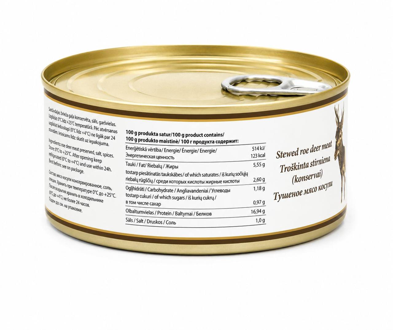 Baltic Wild Stewed Roe Deer Meat side label with ingredients and nutrition information